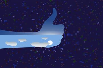 Lie, illustrated by an upside down thumb-down (making it look like a thumb-up) on digital noise background. The view inside the hand indicates it is upside down.