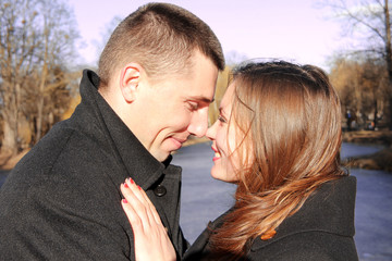 Love story of a man and a woman on a bridge on a valentine's day