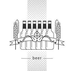 Brewery label, craft beer, alcohol shop, pub sign. Vector icon with beer bottle, wheat and ribbon. Isolated elements on white background.