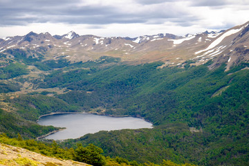 Fototapeta na wymiar View of Laguna del Salto and Dientes de Navarino in Puerto Williams, Tierra del Fuego, Chile