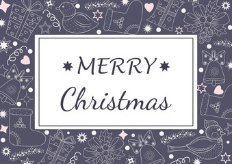 Fototapeta na wymiar Christmas greeting card template, vector Merry Christmas. Winter holiday design, frame wreath design made of childish doodles
