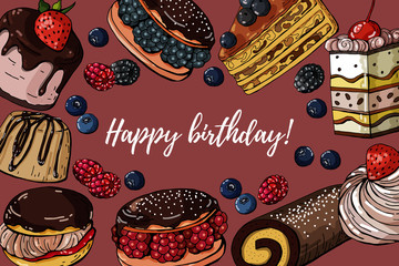 Happy birthday vector hand drawn colored banner with sweets cakes, horizontal background illustration.