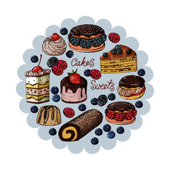 Set of colorful isolated Sweets and Cakes on a circle background, vector illustration