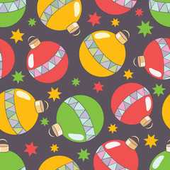 Vector New Year seamless pattern with Christmas tree toys, stars on a dark background. Can be used for packing prints and textile