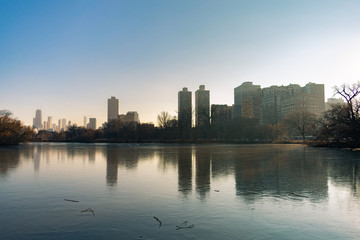 Fototapeta na wymiar Chicago Skyline Reflection at North Pond in Lincoln Park