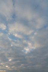 Clear bright blue sky with sunny clouds - perfect for background. Blue, white pastel heaven in soft focus. Simple shot of peaceful and beautiful nature. Opened, minimalist view out of windows. - Image