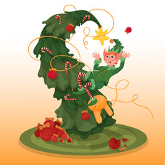 Cristmas story. A little clumsy elf decorates a christmas tree. But something went wrong, it seems he is falling! What an ankward moment!
