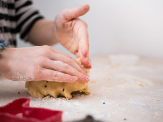 Christmas bakery: Little Girl forming cookie dough