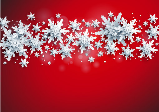 Realistic shine Banner with place for text template. Shine winter decoration on red bright background with snowflakes and stars