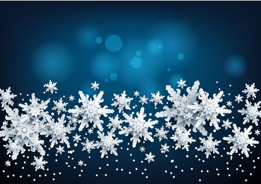 Realistic shine Banner with place for text template. Shine winter decoration on dark background with snowflakes and stars