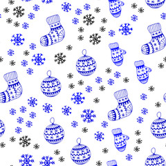 Light BLUE vector seamless texture with colored snowflakes, balls, socks, mittens.