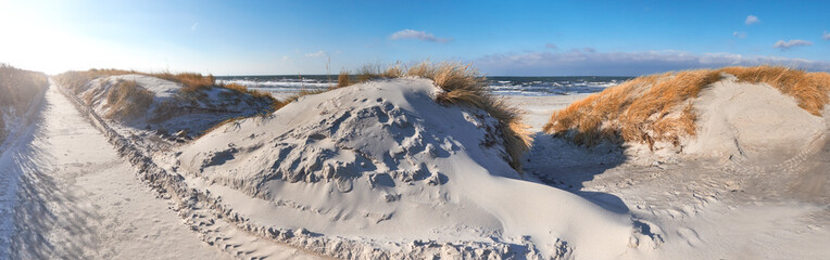 Hiddensee island, Northern Germany, sandy entrance to the beach via seaside dunes, panoramic image