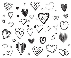 Hand drawn hearts on isolated white background. Set of love signs. Unique illustration for design. Line art creation. Black and white illustration. Elements for poster or flyer