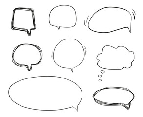 Set of hand drawn think and talk speech bubbles. Abstract symbols on white. Pattern of loot for words. Line art. Collection of different signs. Black and white illustration