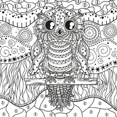 Fototapeta premium Abstract eastern pattern with owl on isolated white. Zentangle. Hand drawn abstract patterns on isolation background. Design for spiritual relaxation for adults. Black and white illustration