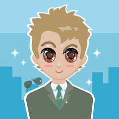 Positive guy office worker in a gray strict suit with a shirt and tie on a background of the blue contour of the city vector illustration.