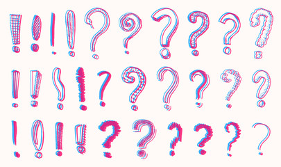 Set of question exclamation mark. Doodle style. Collection of icons and signs Why. Engraved hand drawn sketch. Abstract vector.