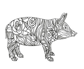 Pig on white. Hand drawn animal with intricate patterns on isolated background. Design for spiritual relaxation for adults. Image for your banner, flyer or textile. Black and white illustration