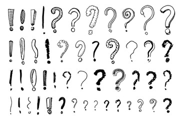 Obraz premium Set of question exclamation mark. Doodle style. Collection of icons and signs Why. Engraved hand drawn sketch. Abstract vector.