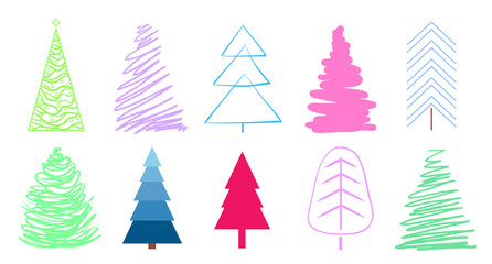 Fototapeta premium Colorful christmas trees on white. Set for design on isolated background. Geometric art. Objects for polygraphy, posters, t-shirts and textiles. Colored illustration