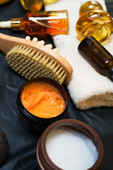 luxury Set of spa products with accessoires on black background