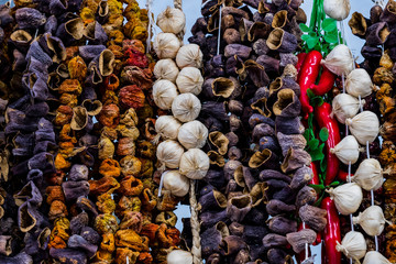 Background of dried vegetables eggplant garlic pepper.