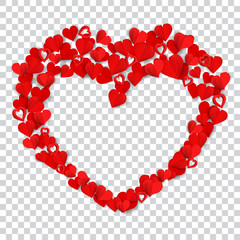Big heart consisting of many small red paper hearts on transparent background