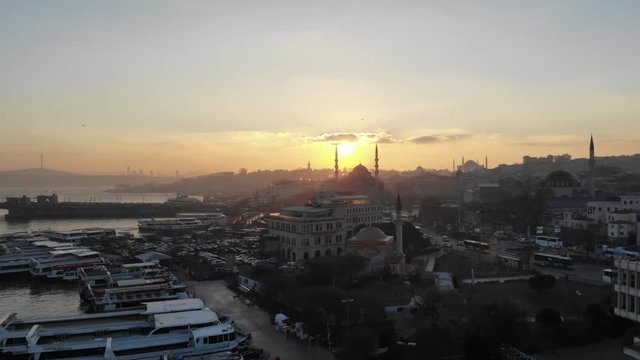 ,stanbul Eminonu Drone camera goes forward, a bird's eye view of the sky of istanbul Turkey, city, bosphorus