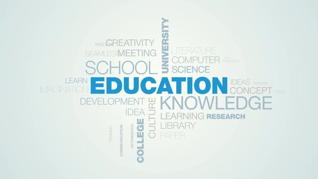 education knowledge school university studying word cloud apear on the white blue gradient background, also used animated people success academic book word as background in uhd 4k 3840 2160