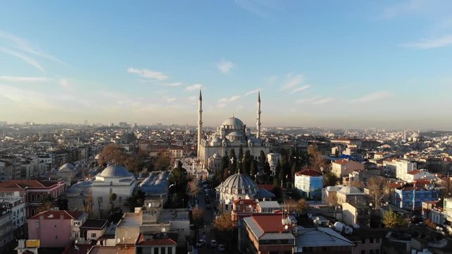 Fatih Mosque Drone camera is moving backward, a bird's eye view of the sky of Fatih, city, istanbul Turkey