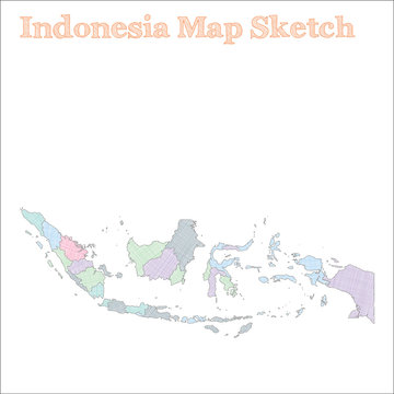 Indonesia map. Hand-drawn country. Lively sketchy Indonesia map with regions. Vector illustration.