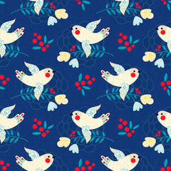 Christmas Vintage Dove. Xmas seamless pattern. Vector illustration.