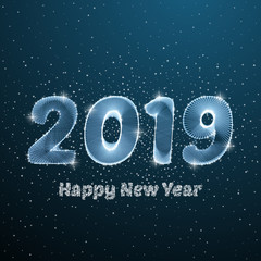 Happy New Year 2019 low poly circle poster. Blue sky particle holiday dot concept. Vector sparkle light polygonal illustration