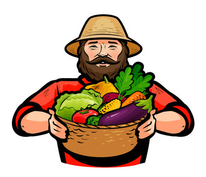 Farmer holding a wicker basket full of fresh vegetables. Vector illustration