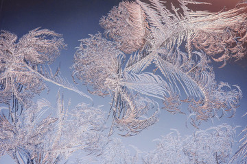 Frost and ice crystals on window glass. Winter background.