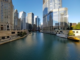 Chicago, Illinois 10-08-2016 View of the Chicago River, its bridges and surrounding buildings on a clear fall morning.