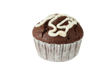 Chocolate muffin with icing sugar isolated on white background.