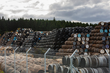 Stacked pile of old wooden barrels and casks at Speyside Cooperage in Scotland © -Marcus-