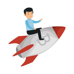 businessman flying in rocket with bitcoin symbol
