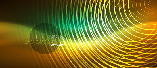 Neon glowing wave, magic energy and light motion background. Vector wallpaper template