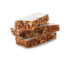 Tasty protein bars on white background. Healthy snack