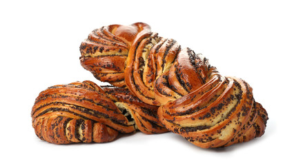 Tasty sweet buns with poppy seeds on white background