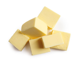 Cut butter on white background, top view