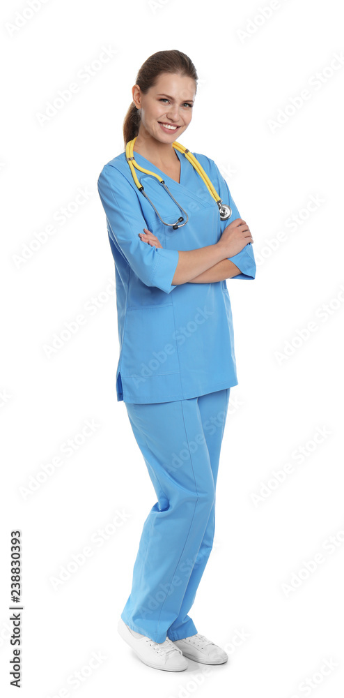 Sticker full length portrait of young medical assistant with stethoscope on white background