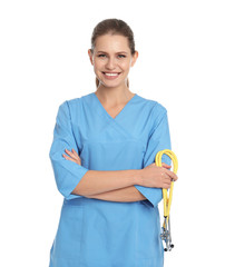 Portrait of young medical assistant with stethoscope on white background