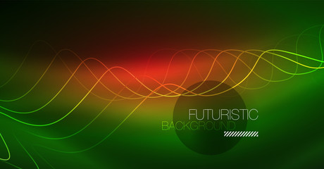 Abstract shiny glowinng color wave design element on dark background - science or technology concept