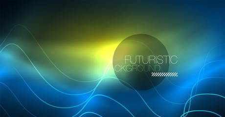 Glowing abstract wave on dark, shiny motion, Christmas and New Year magic space light. Techno abstract background