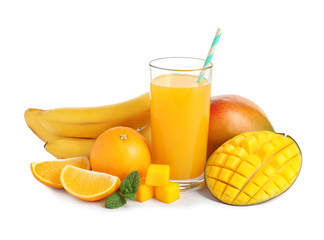 Mango juice and fresh tropical fruits, isolated on white