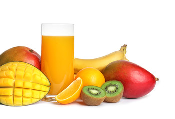 Mango juice and fresh tropical fruits, isolated on white