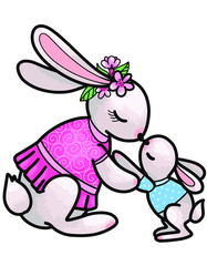 Rabbit mother with her little sonny bunny, cute soft characters isolated on white, sweet mom and baby concept. Happy mother's day or Happy Easter